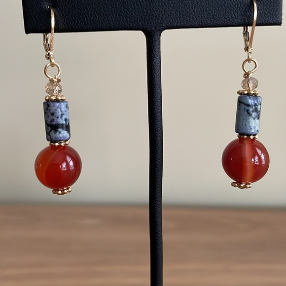 HAND CRAFTED EARRINGS Sodalite and Carnelian with Crystals - Picture 5 of 12